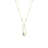 A sterling silver necklace with a safety pin pendant attached to a beaded satellite chain.